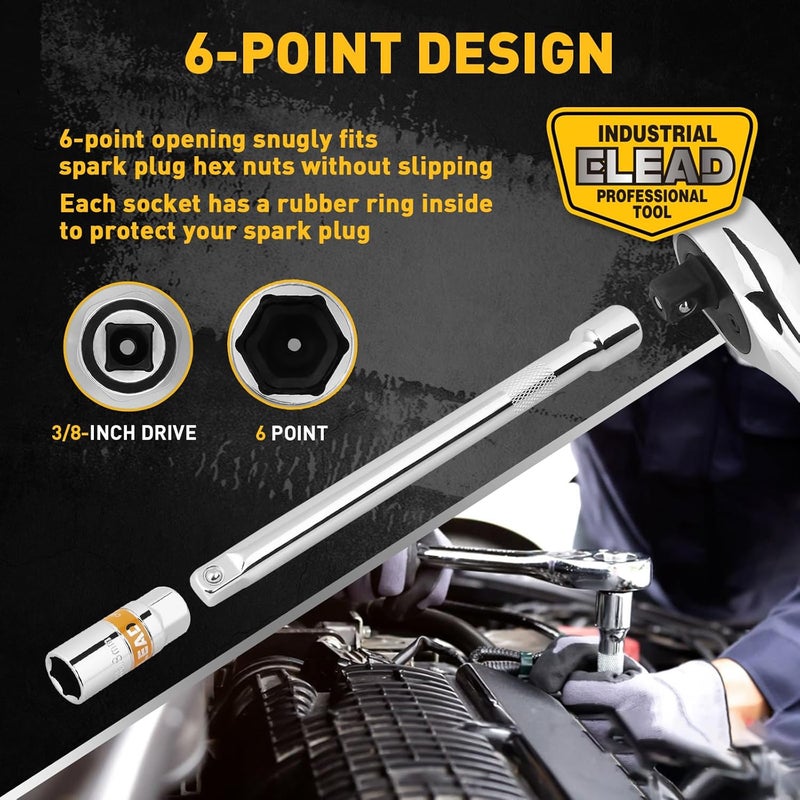 ELEAD 8-Piece 3/8" Drive Spark Plug Socket Set with Universal Joint, Spark Plug Gapper and 6" Extension Bar, SAE & Metric, 5/8", 3/4", 13/16", 14mm, 18mm, CR-V Sockets with Rubber Holding Rings - Image 4
